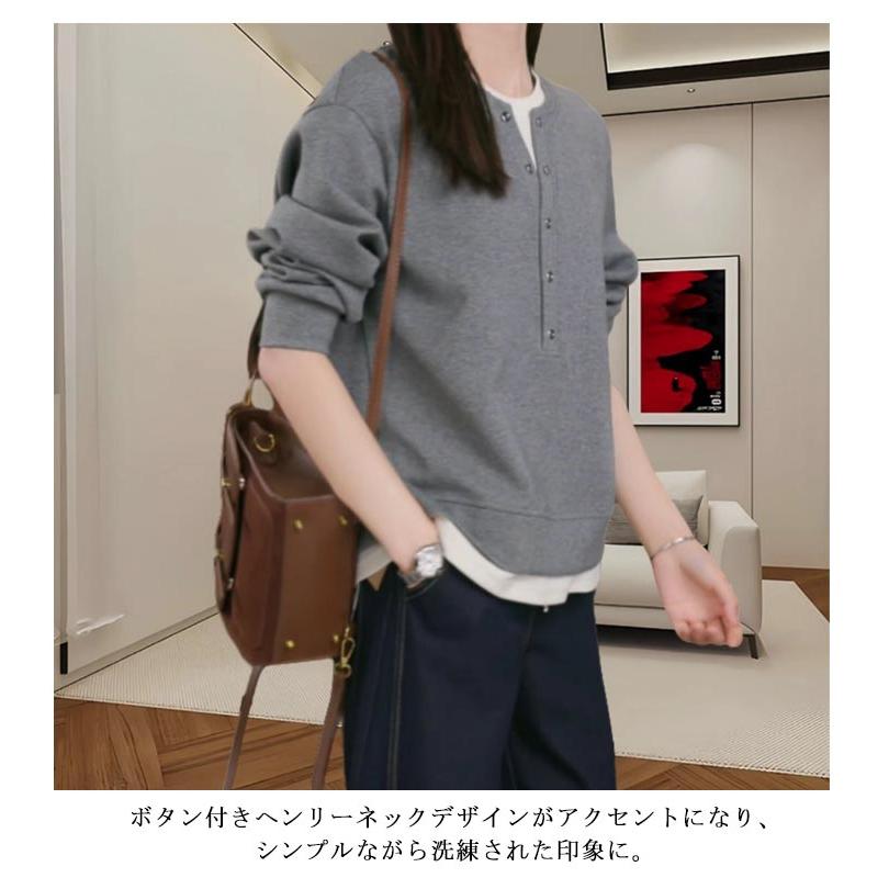 重ね着風 フェイクレイヤード ボタン付き レディース ヘンリーネック 