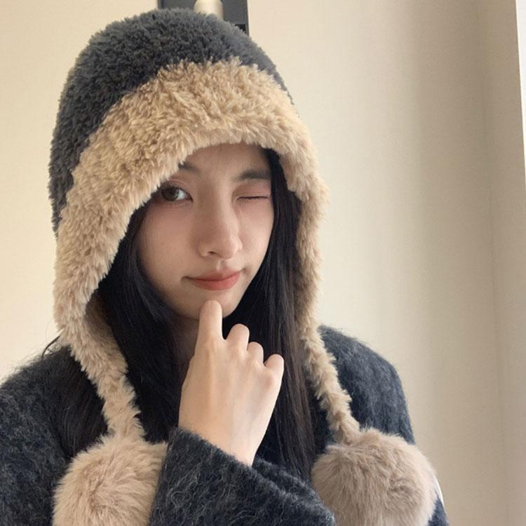 大人可愛い ポンポン 帽子 ボンボン耳当て付きニット帽 レディース帽子