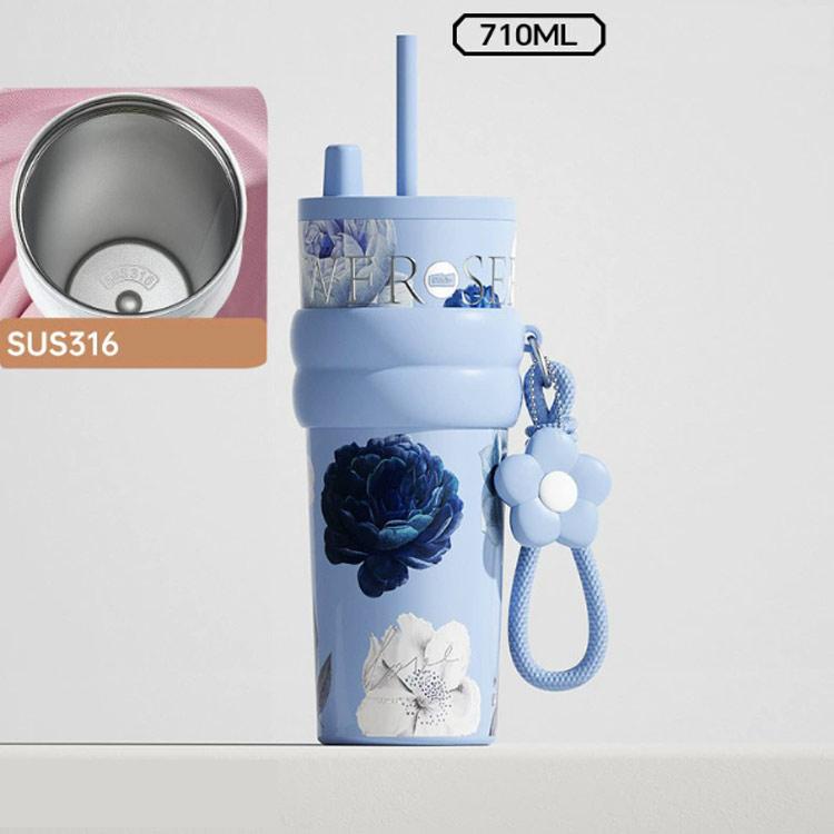 セラミック 持ち運び 蓋付き 花柄 水筒 710ml ステンレスボトル 大容量
