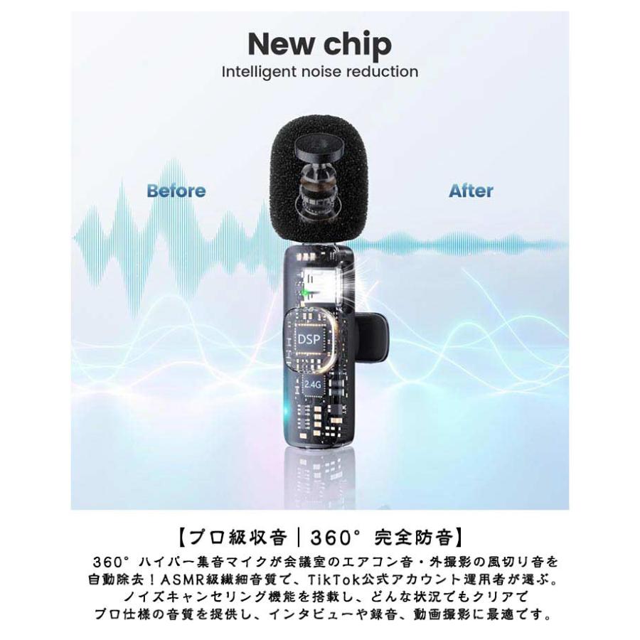 ワイヤレス 2人同時使用 Android ワイヤレスピンマイク 360°集音録音