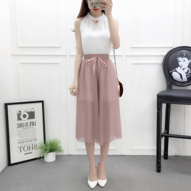 ワイドパンツ レディース シフォンパンツ 七分丈パンツ ガウチョパンツ スカンツ 透け感 ウエストゴム ウエストリボン 無地 ゆったり お洒落 キレイ |  | 04