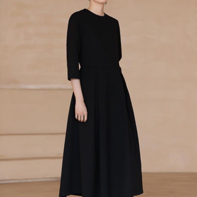 ワンピース 5分袖 ブラック レディース フォーマル 大人 クルーネック 春秋 夏 着痩せ 膝下 マキシ丈 ロングワンピース 大きいサイズ 上品 結婚 ワンピース 5分袖 ブラック レディース フォーマル 大人 クルーネック