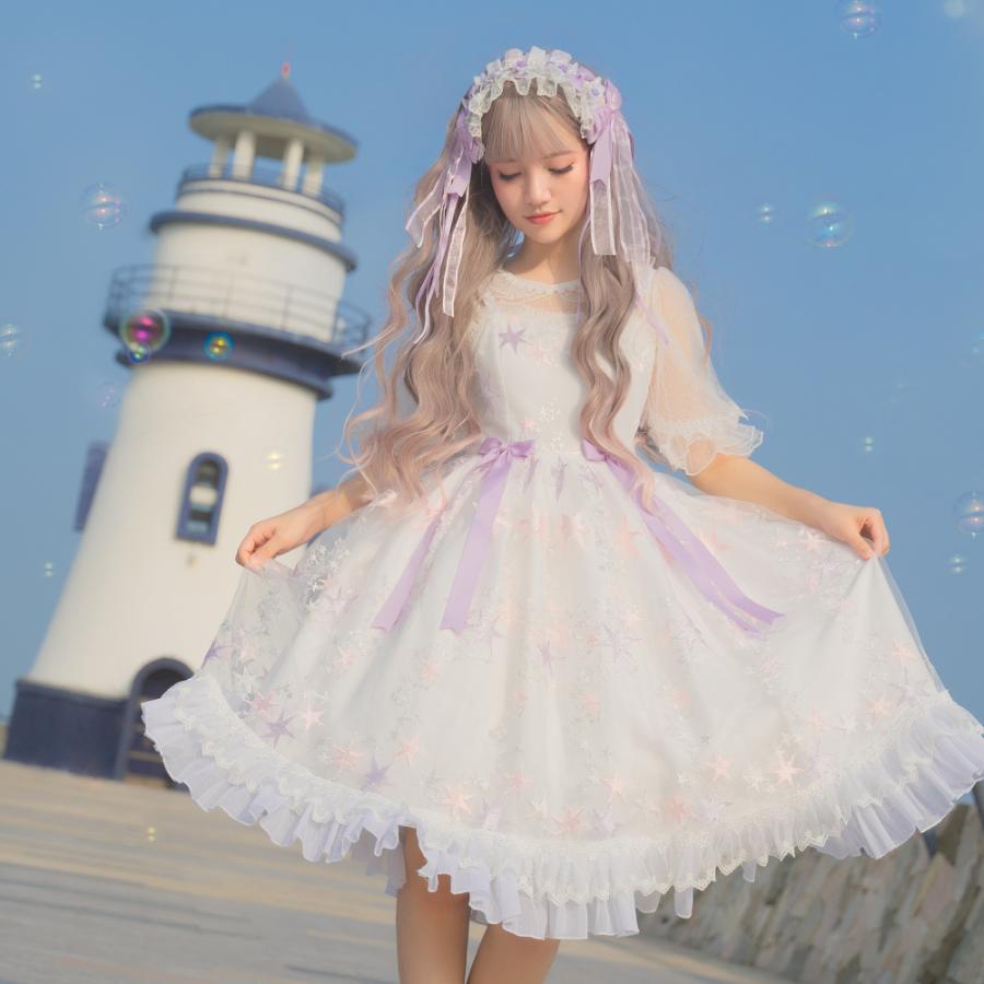 ロリータ ワンピース 夏 ドレス ひざ丈 星 かわいい 姫系 白 レース リボン フリル A0401 Alice Doll 通販 Yahoo ショッピング
