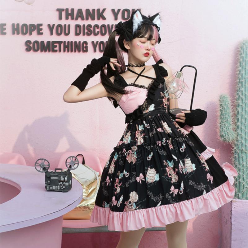 訳ありセール 格安 ロリータ ワンピース 夏 新作 ドレス ロリィタ ゴスロリ ブラック 鮮やか ビビッド キャミソール お気に入り