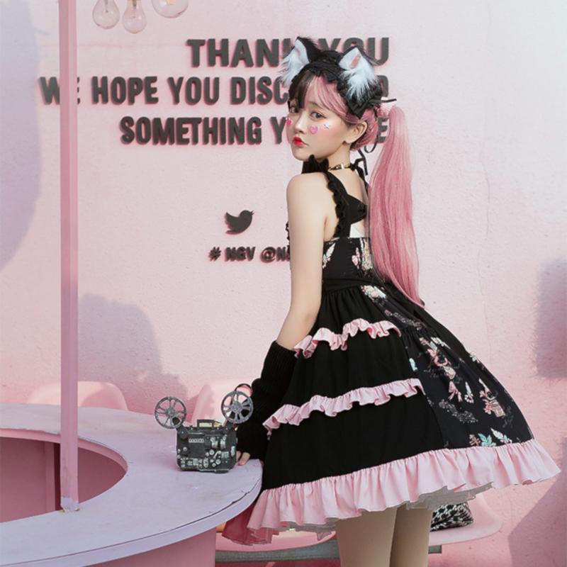 訳ありセール 格安 ロリータ ワンピース 夏 新作 ドレス ロリィタ ゴスロリ ブラック 鮮やか ビビッド キャミソール お気に入り
