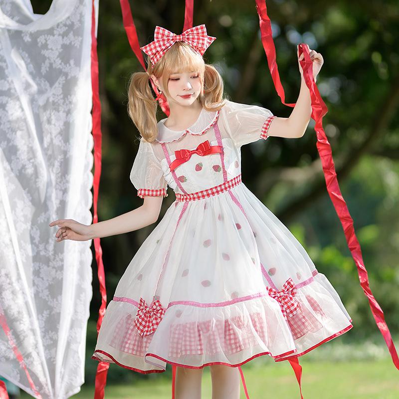 限定品 ワンピース ロリータ ロリィタ 半袖 夏 レディース ドレス 甘ロリ アイドル 可愛い ゆめかわいい いちご 透け感 萌え ヘアリボン付 Aynaelda Com