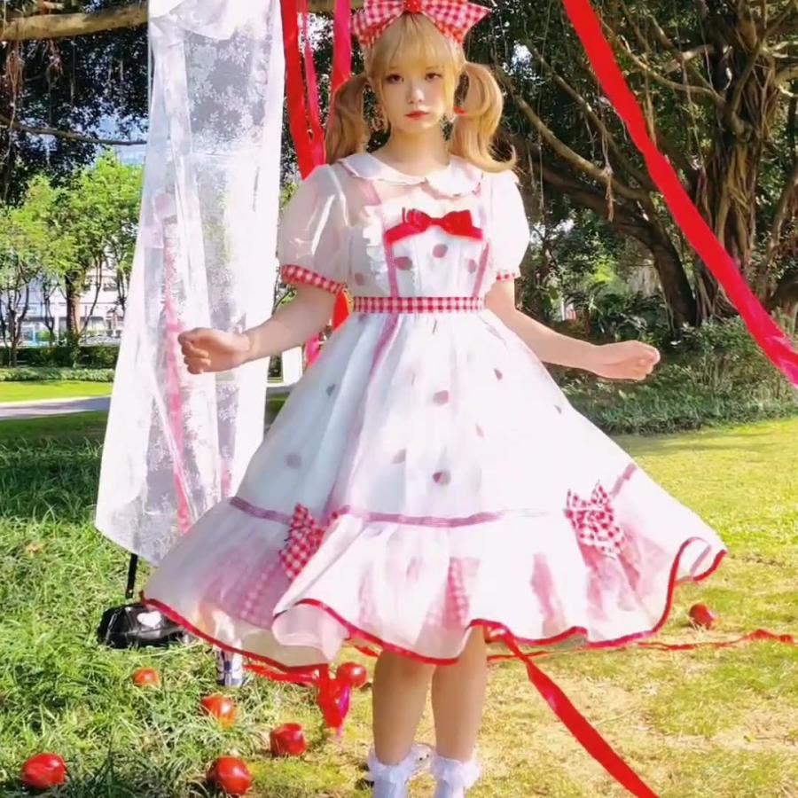 限定品 ワンピース ロリータ ロリィタ 半袖 夏 レディース ドレス 甘ロリ アイドル 可愛い ゆめかわいい いちご 透け感 萌え ヘアリボン付 Aynaelda Com