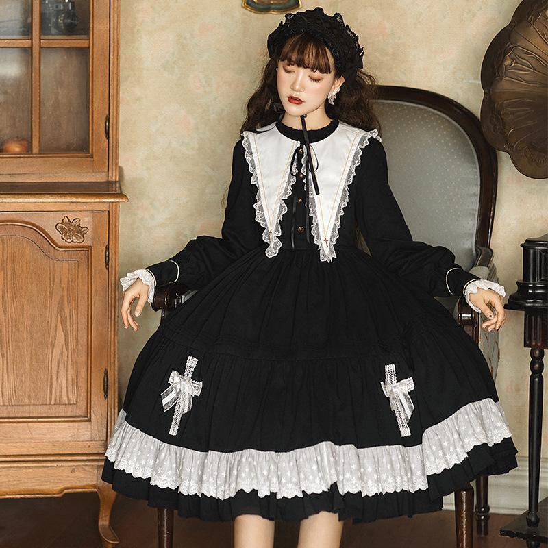 ロリータ ゴシック ワンピース 秋冬 黒ロリ ゴスロリ クロス 十字架 日常使い 長袖レース フリル Lolita ドレス