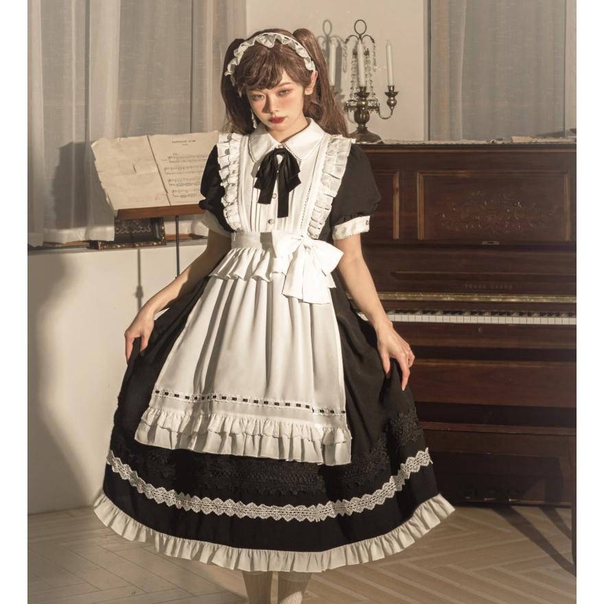 ロリータ メイド 3点セット 半袖 ワンピース エプロン メイドカフェ 