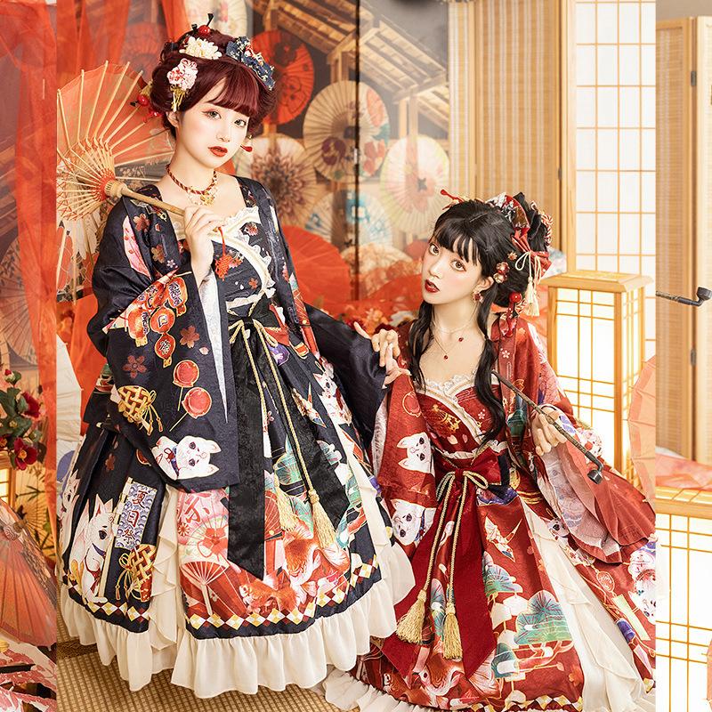 和風ロリータ ワンピース 羽織 豪華セット コスプレ 衣装 着物 和ロリ レディース 花魁 おいらん 巫女 :A040370:Alice Doll 通販 羽扇子 レトロ白レース♬扇子コスプレ和風ロリータ♡ お茶会羽扇 お嬢様
