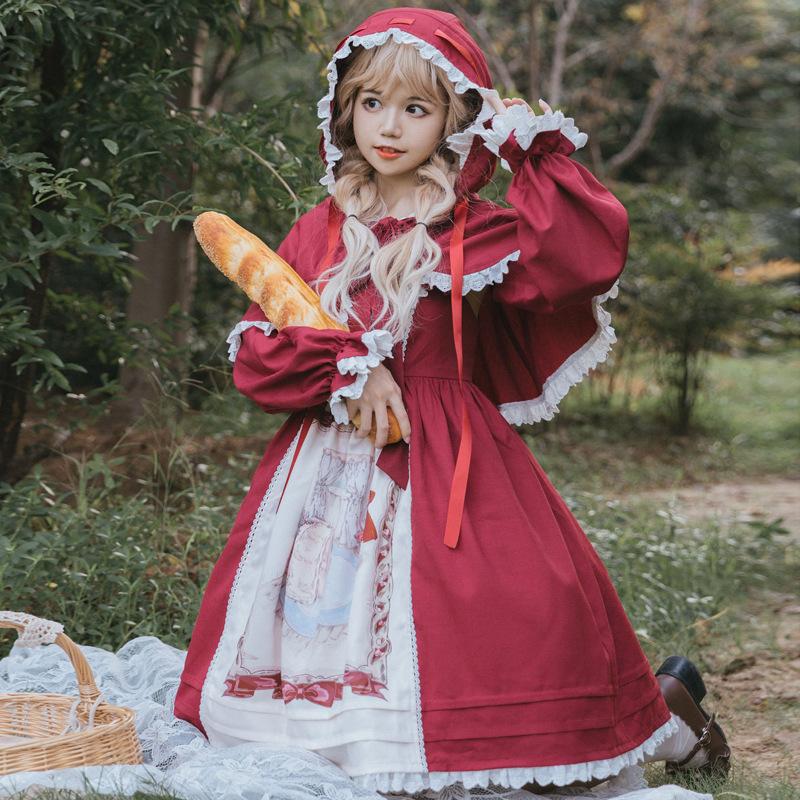 Lolita ロリータ 赤ずきんちゃん ジャンパースカート ポンチョ 2点セット ゴスロリ コスプレ衣装 グリム童話 買い物 定番コスチューム♡赤ずきん フルセット♪キッズ 100コスプレ 衣装 仮装 新品