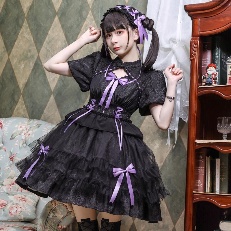 中華ロリータ ワンピース ドレス 半袖 メイド服 ゴスロリ チャイナ服