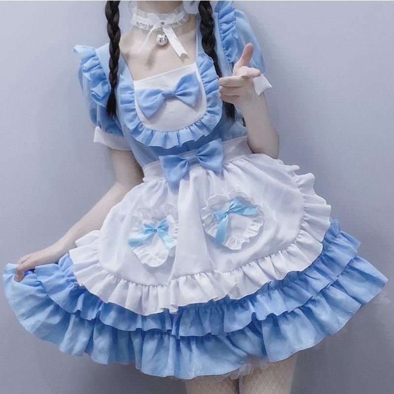 ロリータ エプロン ワンピース 4点セット メイド服 レディース 可愛い  