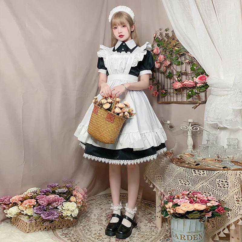 即納 メイド服 高品質 エプロン ロリータ クラシック 膝丈 ワンピース