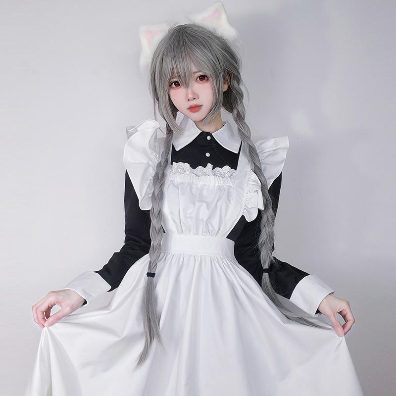 高品質 メイド服 エプロン クラシック ロング ロリータ 3点セット 長袖