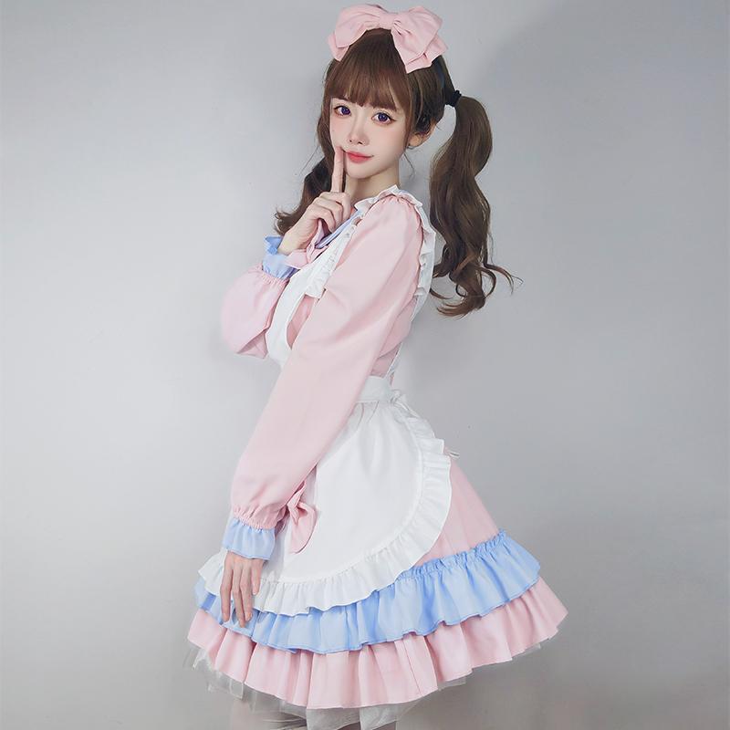 メイド服 ロリータ コスプレ エプロン 髪飾り セット ワンピース メイド アリス風 フリル 長袖 半袖