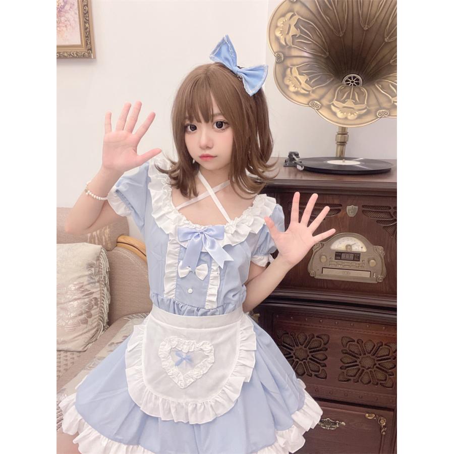 メイド服 エプロン コスプレ ミニ丈 セクシー 夏 水色 かわいい メイド服 エプロン コスプレ ミニ丈 セクシー 夏 水色 かわいい