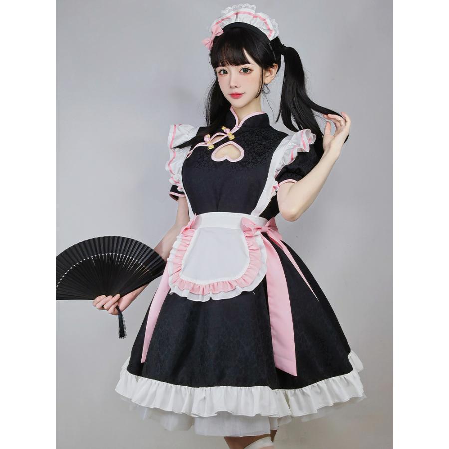 ゆめかわいい 中華風 メイド服 ロリータ チャイナ服 チャイナドレス 露出 ワンピース エプロン 髪飾り付き｜alicedoll｜02