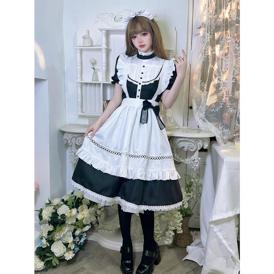 メイド服 ワンピース 半袖 クラシカル ロング丈 メイド 定番 カチューシャ セット 英国風 ロリータ 大人可愛い エレガント モノトーン｜alicedoll｜07