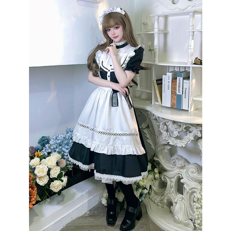 メイド服 ワンピース 半袖 クラシカル ロング丈 メイド 定番 カチューシャ セット 英国風 ロリータ 大人可愛い エレガント モノトーン｜alicedoll｜08