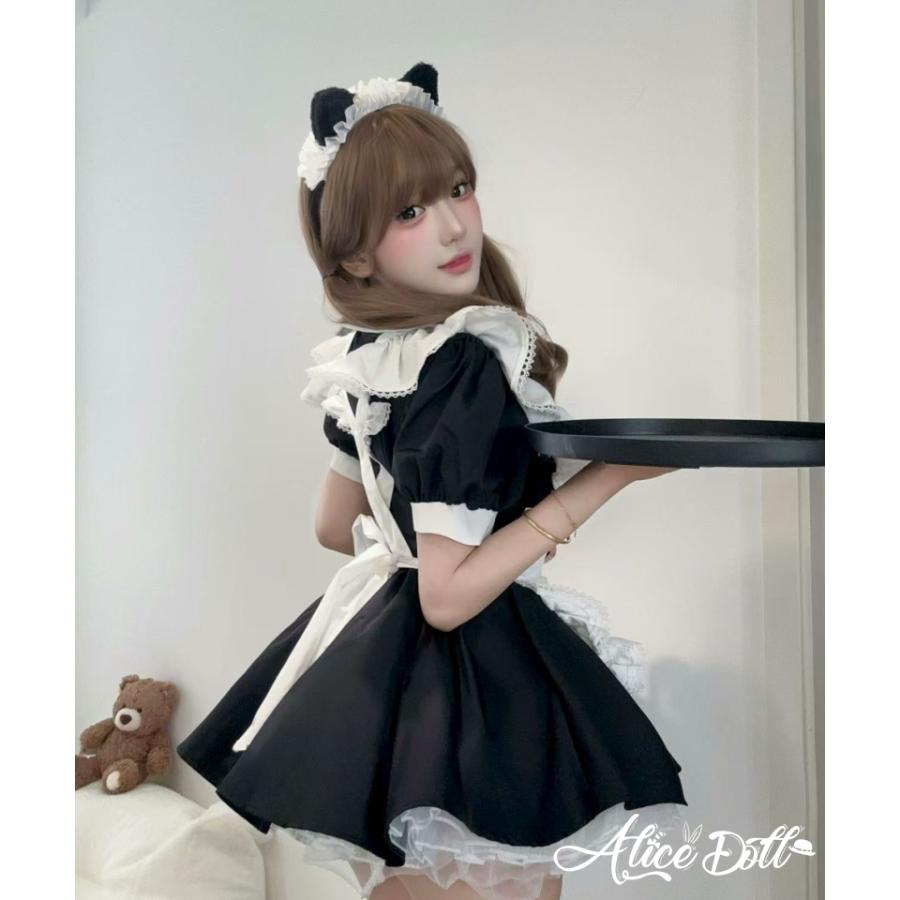 クラシカル メイド服 ワンピース エプロン 猫耳カチューシャ付き