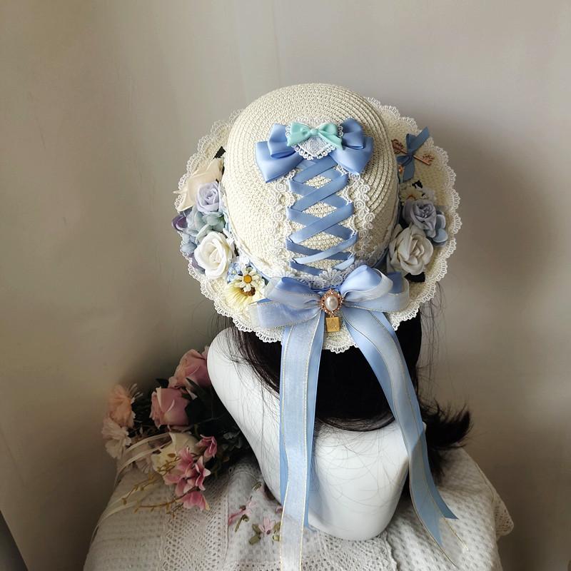 新品未使用 KERA SHOP クラシカルバロック柄ロリータ フラワー付き帽子 麦わら 帽子 ロリータ 花 薔薇 レース ゴシック ガーリー