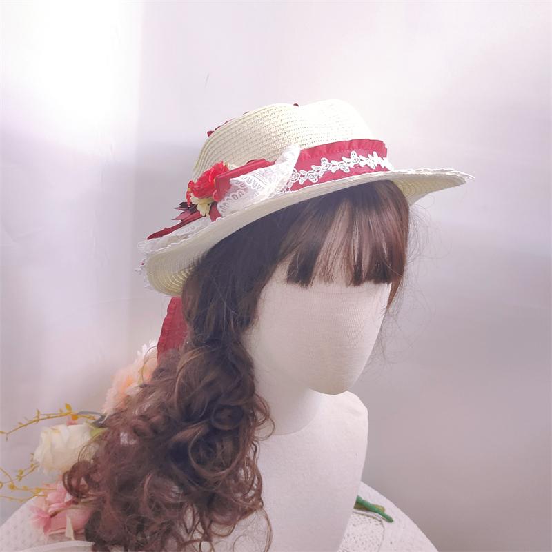 甘ロリータ 麦わら帽子 カンカン帽 春夏 ハンドメイド 日焼け