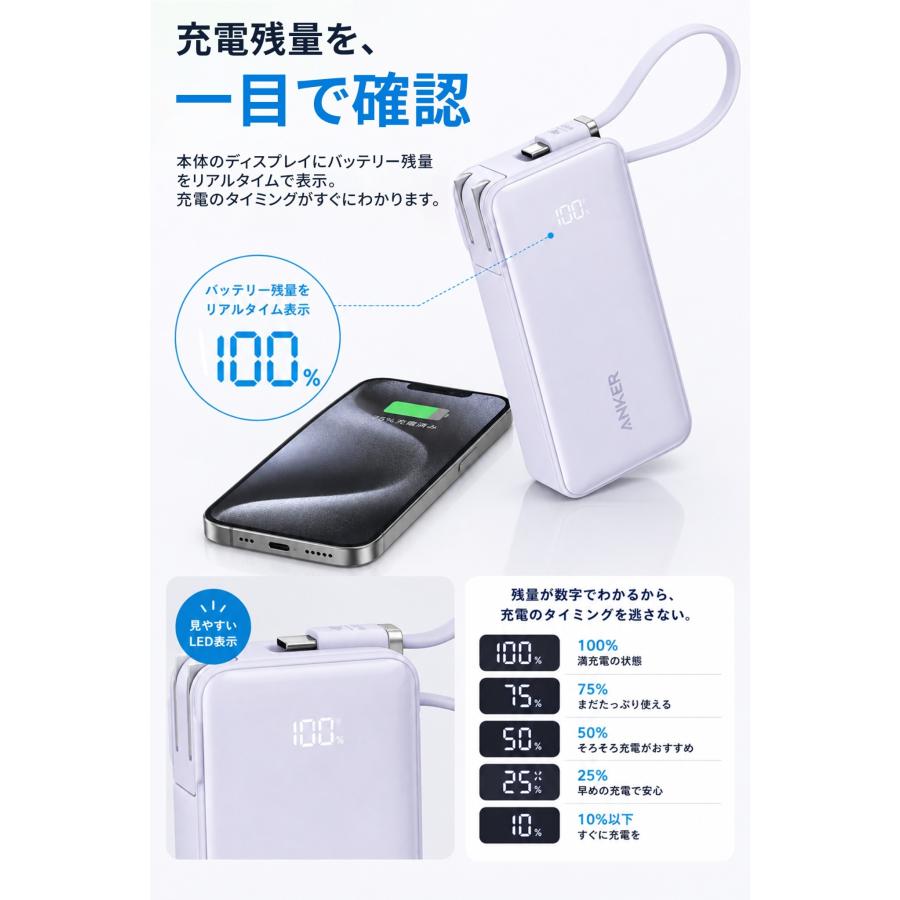 Anker Power Bank 10000mAh, Fusion, Built-In USB-C ケーブル