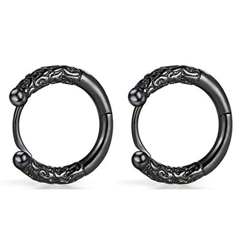Rockyu フープピアス メンズ ブラック ステンレス製 シンプル 男女兼用 金属アレルギー対応 リングピアス 黒 ハワイアンジュエリー彫 50 Off