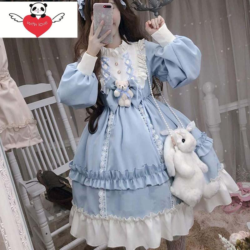 長袖 コスプレ ブルー コーヒー色 テディベア 森ガール レディース かわいい 熊リボン付きワンピース ロリータ ゴスロリ ワンピース かわいい 当店の記念日