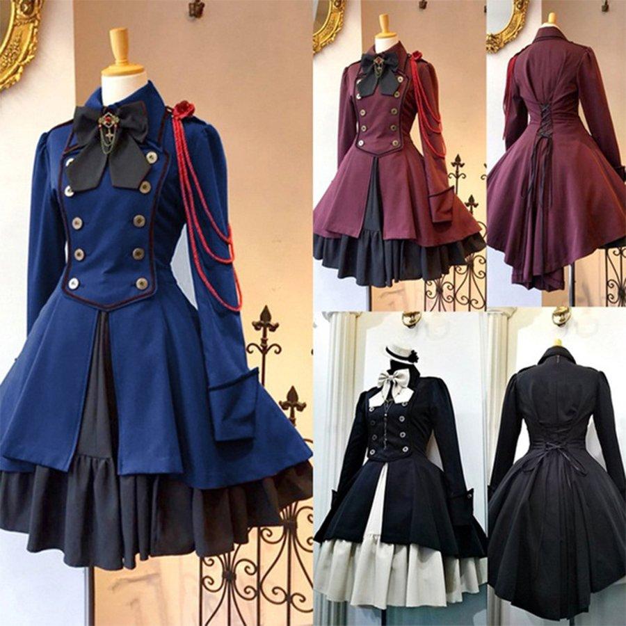 ワンピース フリル ツートン アイドル衣装 ハイローロリータワンピースドレスゴスロリ軍服ワンピース Opドレス ボタン リボン At Alita 通販 Yahoo ショッピング
