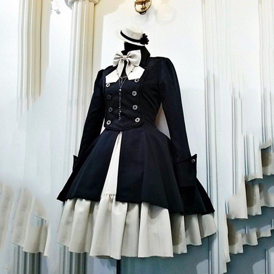 ワンピース フリル ツートン アイドル衣装 ハイローロリータワンピースドレスゴスロリ軍服ワンピース Opドレス ボタン リボン At Alita 通販 Yahoo ショッピング