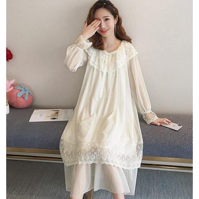 レディース パジャマ 長袖レースパジャマ 天使風パジャマ レース 白 リボン 可愛い天使風ワンピースパジャマ 肌触りよい ネグリジェ 姫系 寝巻き 好評にて期間延長