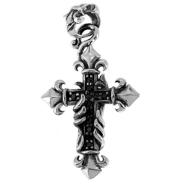 プラチナ ペンダント ネックレス クロス ペンダントヘッド(チェーンなし) ブラックCZ フレア リリー