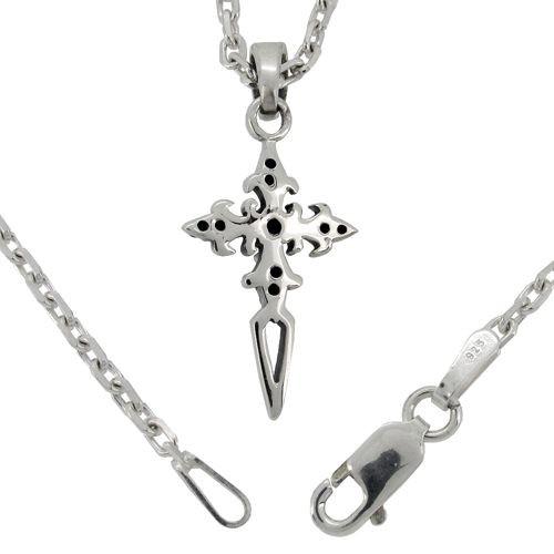 シルバー925 ジルコニアダガーペンダント CZシルバークロスチェーンネックレス ネックレス メンズ シルバー ジルコニア クロス ダガー かっこいい