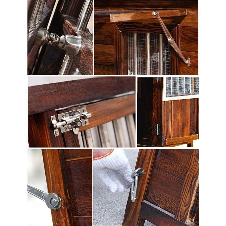 豪華犬別荘 庭付き ペットハウス 家庭用 犬小屋 窓2点窓1点 網戸 ドア付き 犬舎 外飼い 炭化板 木製 飼育ケージ 簡単組立 丈夫 室外 野外 通気性 防水 防腐 ペット用品、生き物 犬用品 犬小屋、屋外サークル