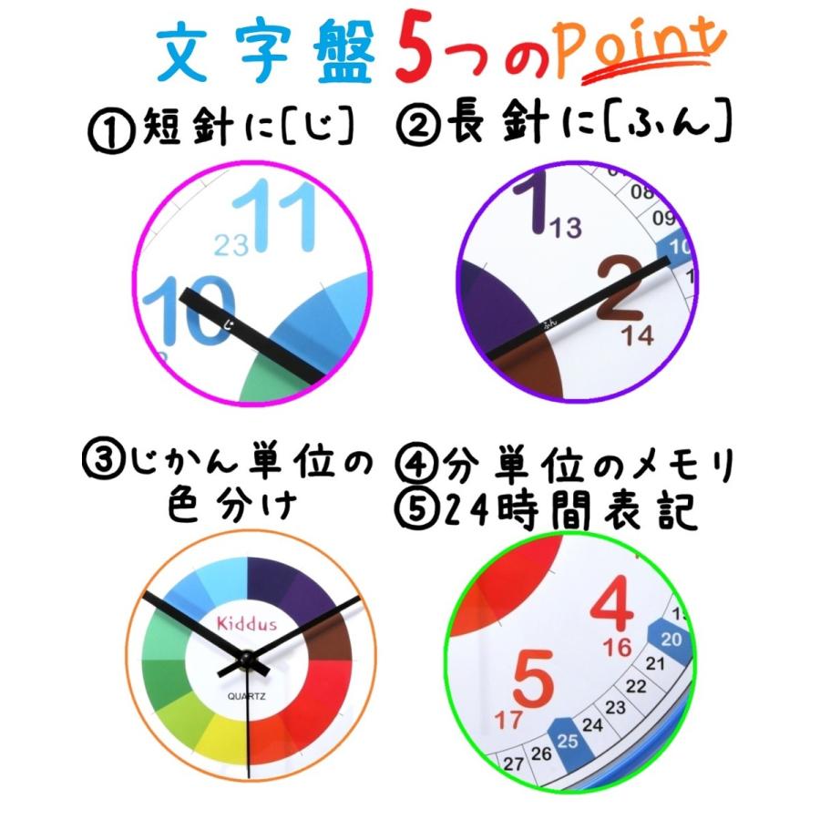 掛け時計 子ども 子供 部屋 見やすい 知育 静音 壁掛け 知育時計 アナログ シンプル 静か 連続秒針 出産祝い ギフト 誕生日プレゼント｜all-for-you｜06