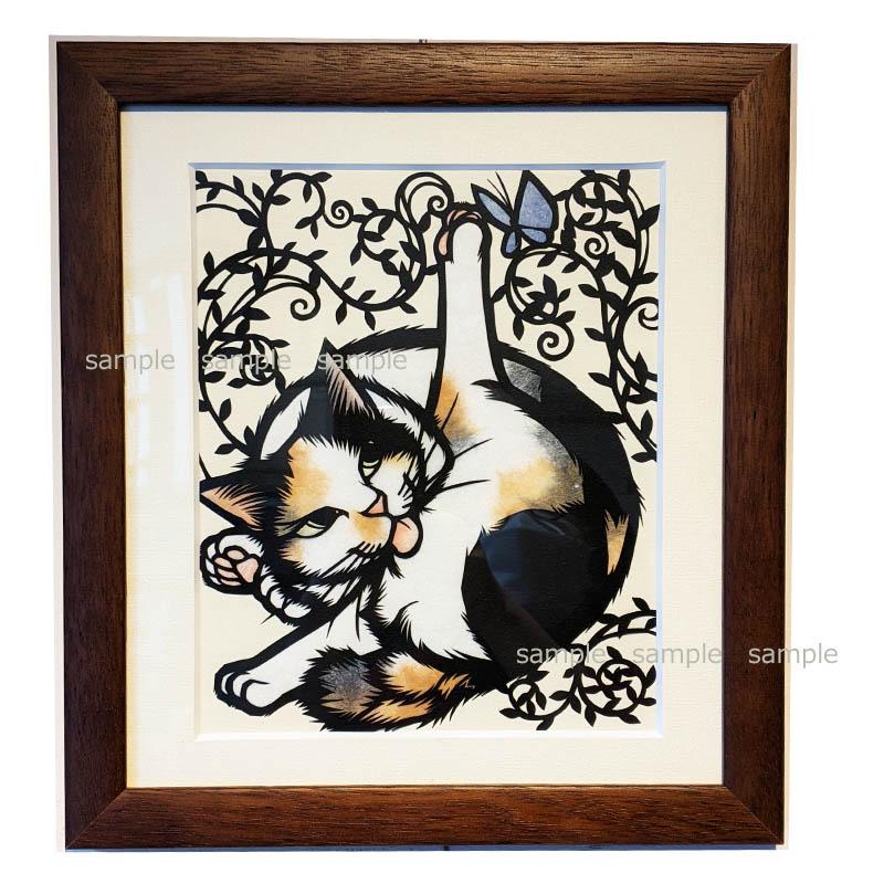 切り絵 原画作品 さとうみよ 作品名 毛繕い 三毛 額入り frame0001