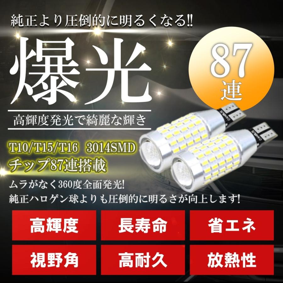 超爆光 高輝度発光 明るい 87連 キャンセラー内蔵 LED T10/T15/T16 2個 