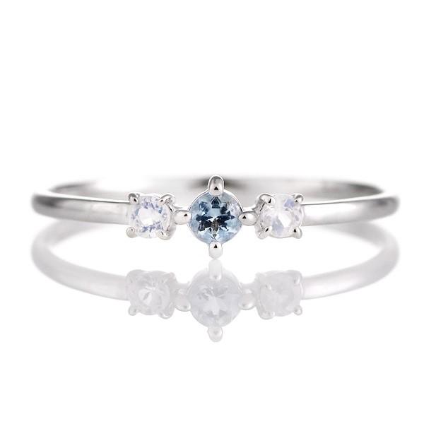 リング 指輪 18金 アクアマリン ブルームーンストーン スリーストーン ストレート レディース オーダー