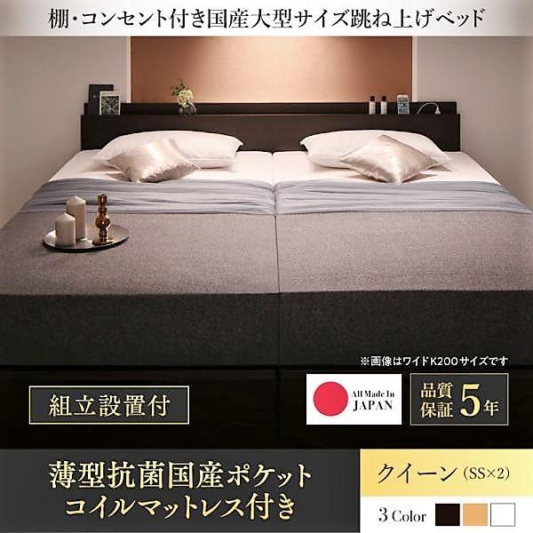 ガス圧 ベッド 跳ね上げ 収納 クイーン SS×2 薄型抗菌ポケットコイル 縦開き 組立設置付 おしゃれ