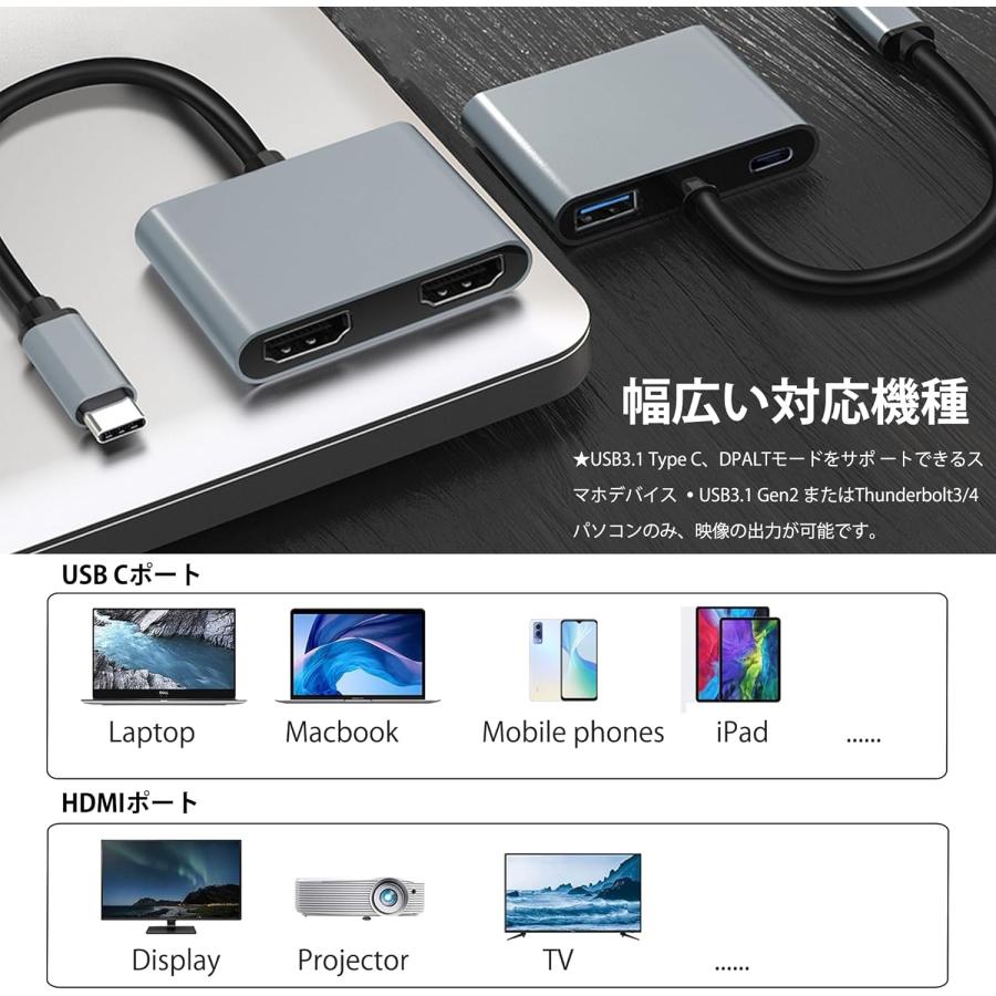 USB C HDMI 変換アダプター デュアル HDMI Type-C マルチディスプレイアダプタ 3画面 4-in-1 USB HDMI 2ポートHDMI拡張 USBディスプレイアダプタ｜allapparelshop｜03