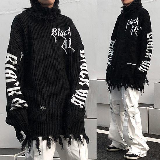 21超人気 カットソー ハイネック ダメージ加工 セーター ストリート系 ロングtシャツ メンズ ニットソー セーター メンズ ロンt ニットソー ストリート系 インポート ホスト V系 個性的 お兄系 新作 冬 秋 トップス