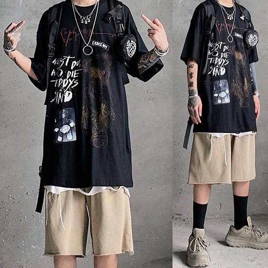 送料無料 Tシャツ メンズ ストリート系 オシャレ ロング丈 フォトプリント フェイスプリント ビックプリント 半袖 Tシャツ インポート オーバーサイズ 大きいサイズ 春 夏 新作 個性的 V系 お兄系 ヴィジュアル系 ストリート系ファッション ホスト 衣装 モード系