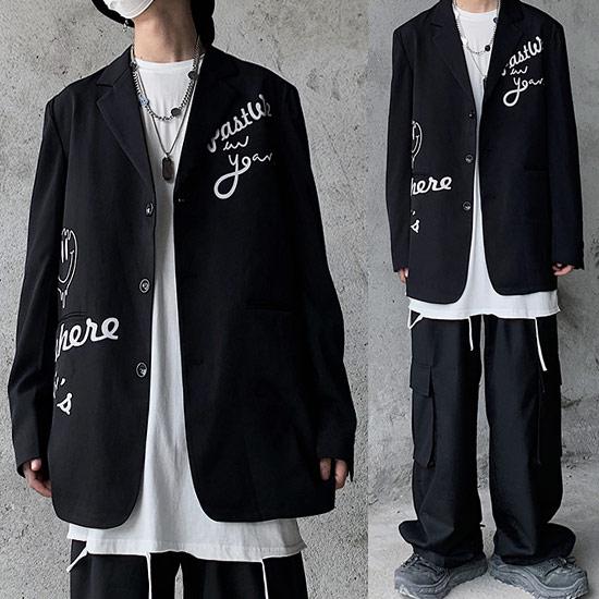 全品送料0円 オシャレ メッセージプリント ビッグプリント モード系 メンズ テーラードジャケット ストリート系 ビッグプリント 文字 メンズ テーラードジャケット インポート V系 ホスト お兄系 個性的 新作 冬 秋 ジャケット Futurpaces Fr