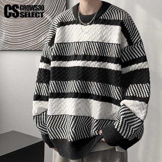 セーター メンズ ストリート系 ニットソー ロンt バイカラー ボーダー セーター 大きいサイズ インポート 21 秋 冬 新作 お兄系 ビター系 個性的 V系 ホスト A 1 Bodr Big Knit Alleglo クローズ30スタイル 通販 Yahoo ショッピング