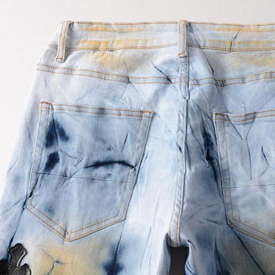 デニムパンツ メンズ 十字架 クロス PUレザー 汚し加工 オシャレ デニムパンツ メンズ 十字架 クロス PUレザー 汚し加工 オシャレ