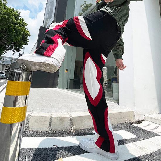 人気の春夏 メンズ ワークパンツ 幾何学パンツ メンズ ワークパンツ バイカラーパンツ ビター系 新作 冬 秋 21 V系 ホスト お兄系 インポート ストリート系 カラー切替 幾何学柄 ストリート系 ボトムス パンツ