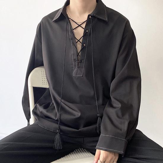 determブラック長袖Tシャツ Vネック レースアップ determブラック長袖Tシャツ Vネック レースアップ