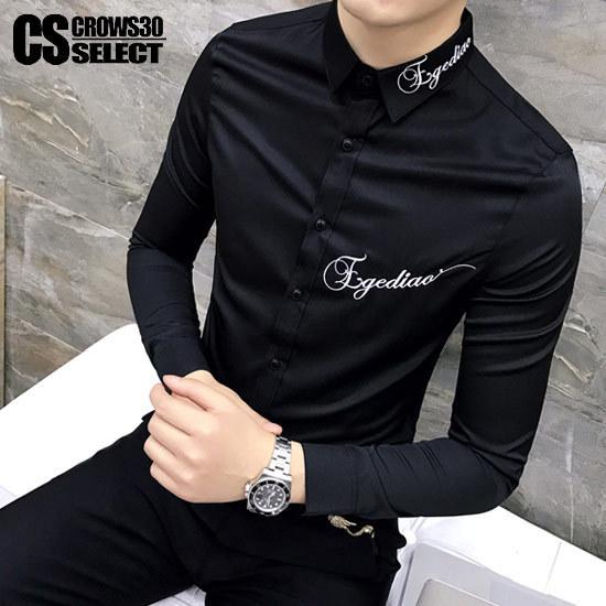 シャツ メンズ 刺繍 英字 ロゴ 文字 ドレスシャツ ビジネスシャツ 細身 スリムシャツ インポート 21 春 ビター系 新作 V系 お兄系 V系 個性的 ビジュアル系 A 1 Logo Doresht Alleglo クローズ30スタイル 通販 Yahoo ショッピング